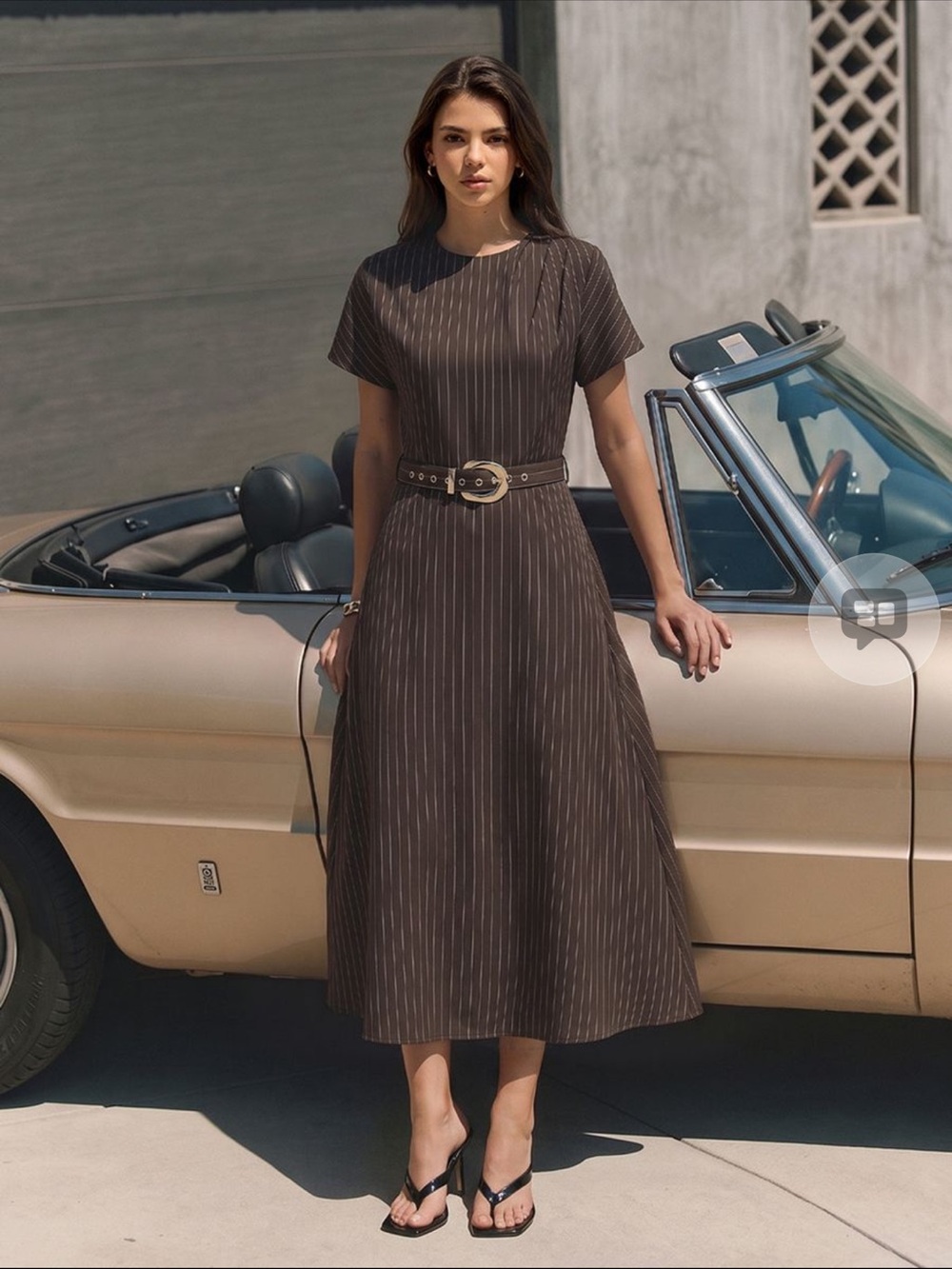 Commense Brown Pinstripe Short-Sleeve Midi Dress with Belt